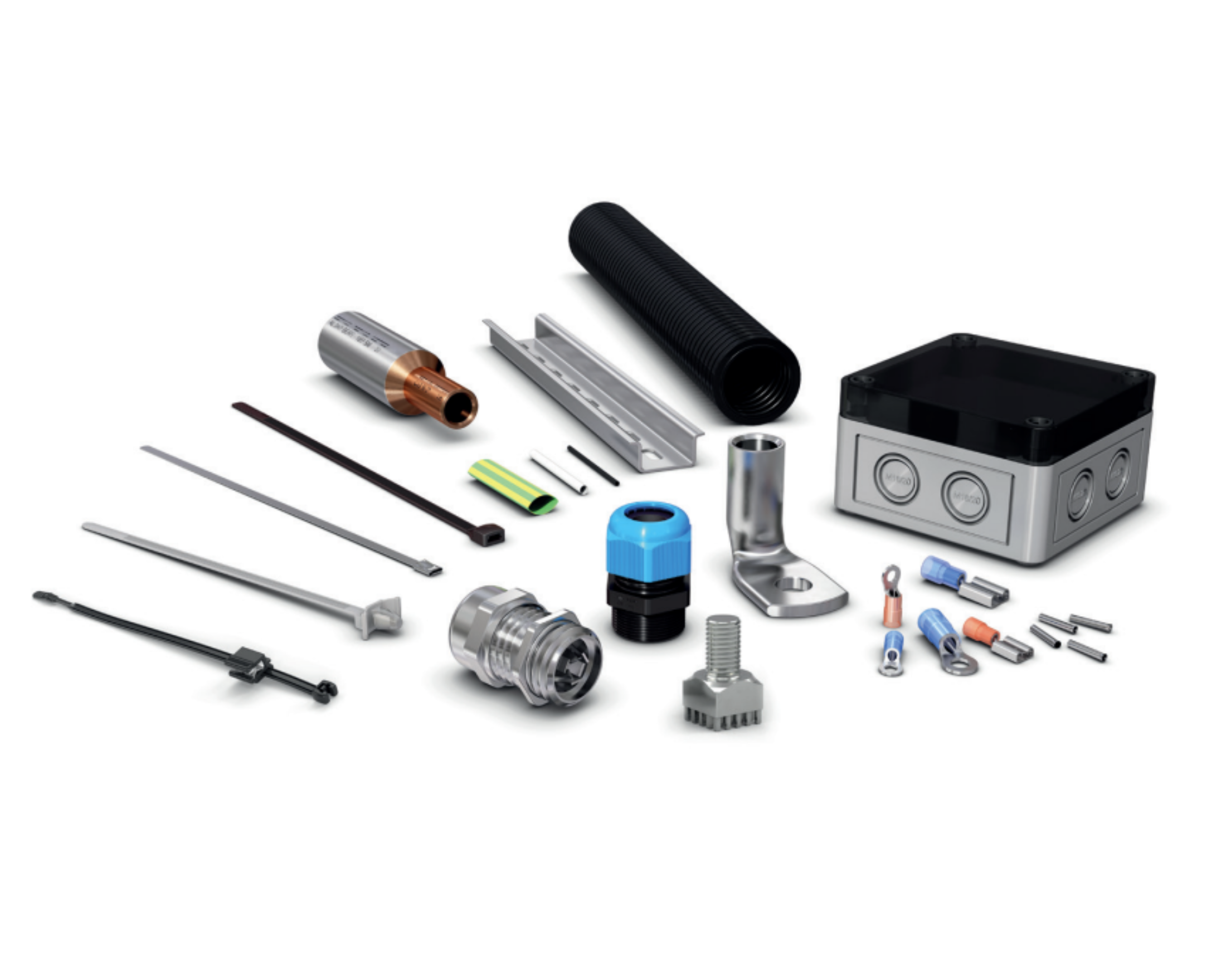 Auswahl an Elektrotechnik-Komponenten wie Kabelbinder, Kabelverschraubungen, Schutzschlauch, Anschlussbox, Kabelschuhe und Befestigungselemente auf weißem Hintergrund.