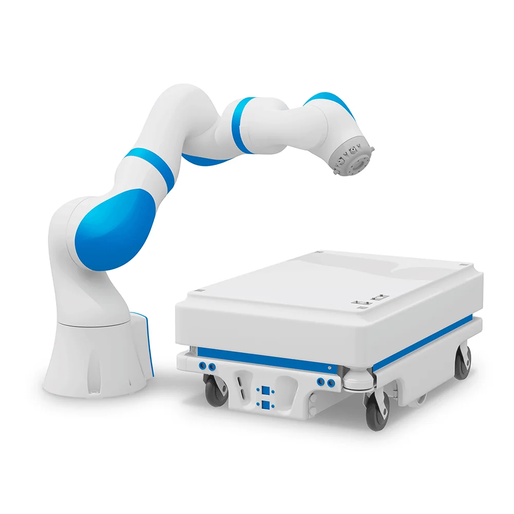 Hvid robotarm med blå accenter monteret på en hjulbase.