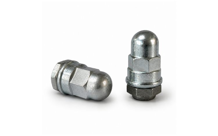 Two Tucker grounding studs with cap nut on white background