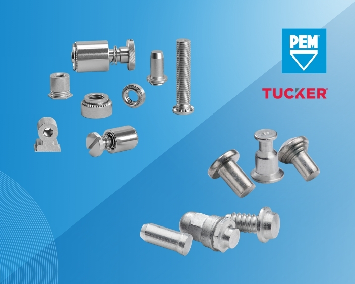 Metallfarbene PEM Einpressbefestiger in linker oberer Ecke, in unterer rechter Ecke Tucker Bolzenschweißelemente, PEM und Tucker Logo in oberer Ecke, alles auf blauem Grund