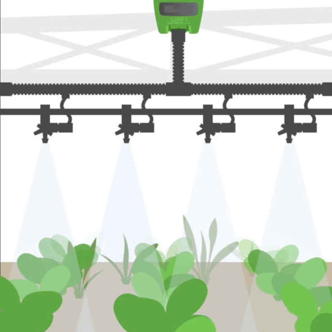 Cartoonstijl weed-it systeem met zwarte rail-gemonteerde sproeiers die op groene planten spuiten.
