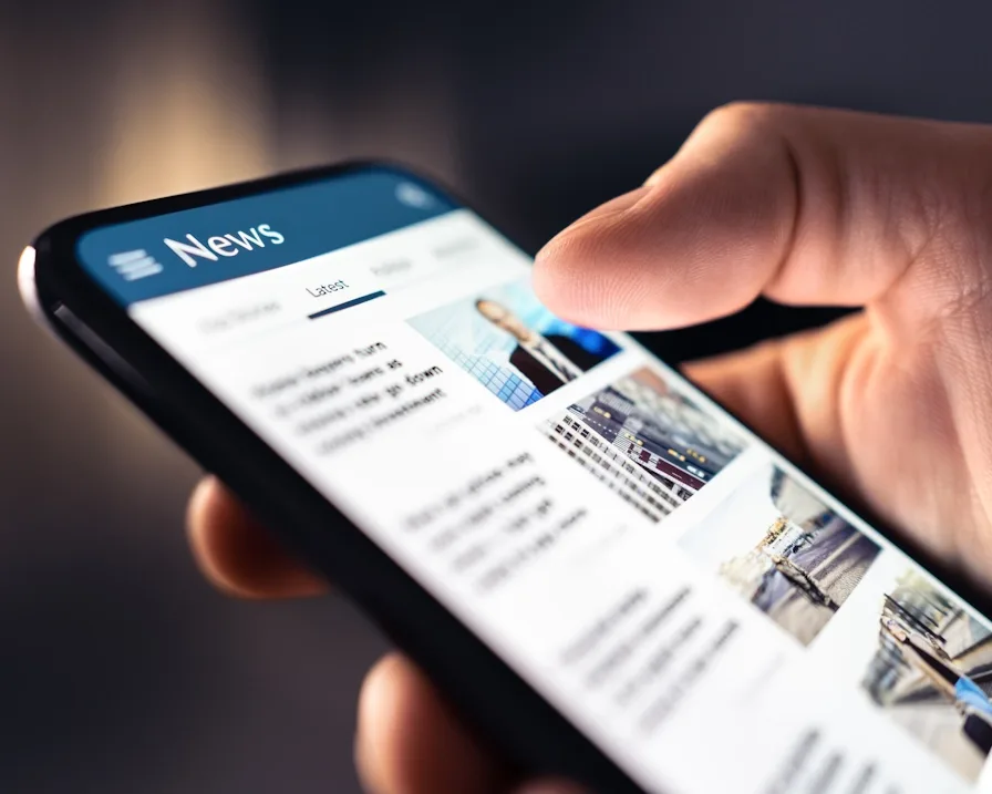 Nahaufnahme einer Hand, die auf einem Smartphone durch Online-Nachrichten scrollt