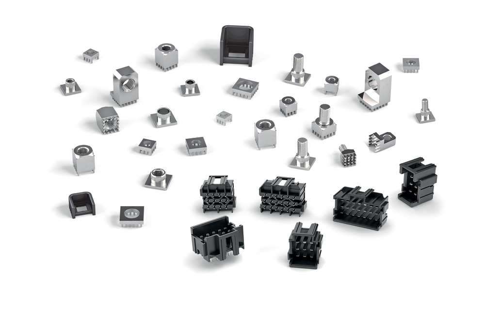 An overview of many different MTCONNECTIVITY power elements spread out on a white background.