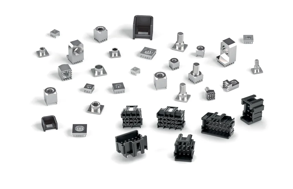 Eine Übersicht über viele verschiedene MTCONNECTIVITY Leistungselemente auf weissem Hintergrund.