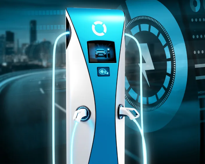 Elektroladestation mit blauem Leuchteffekt und Bossard Firmenlogo