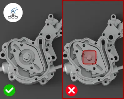 Two metal engine parts side by side: left image with green checkmark shows correct placing, right with red X shows wrong placing with highlighted flaw.