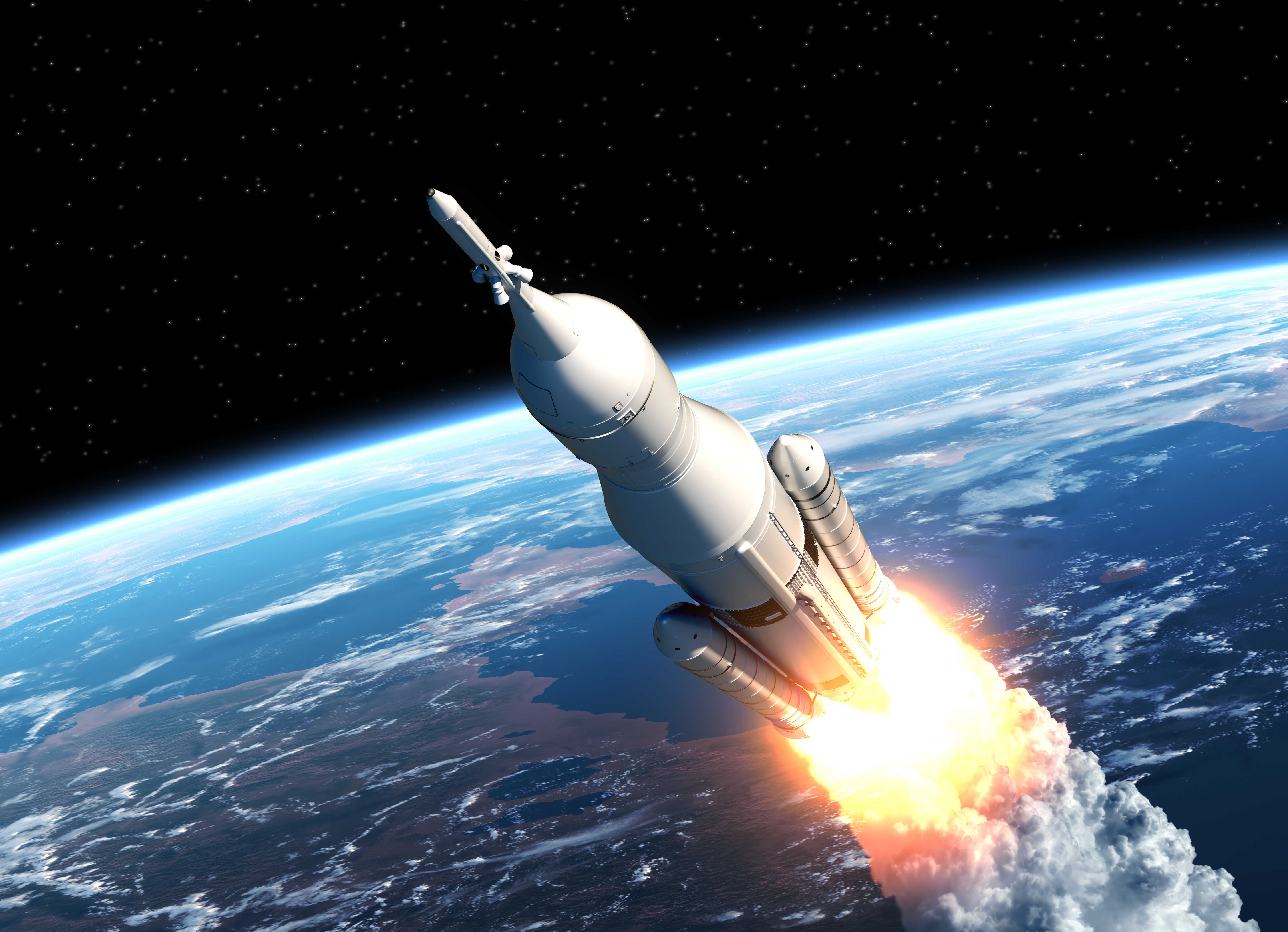 Space Launch System Takes Off: Rocket going off into space with the blue planet earth in the background.