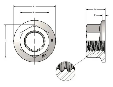 Stanley Spiralock hex flange nuts drawing