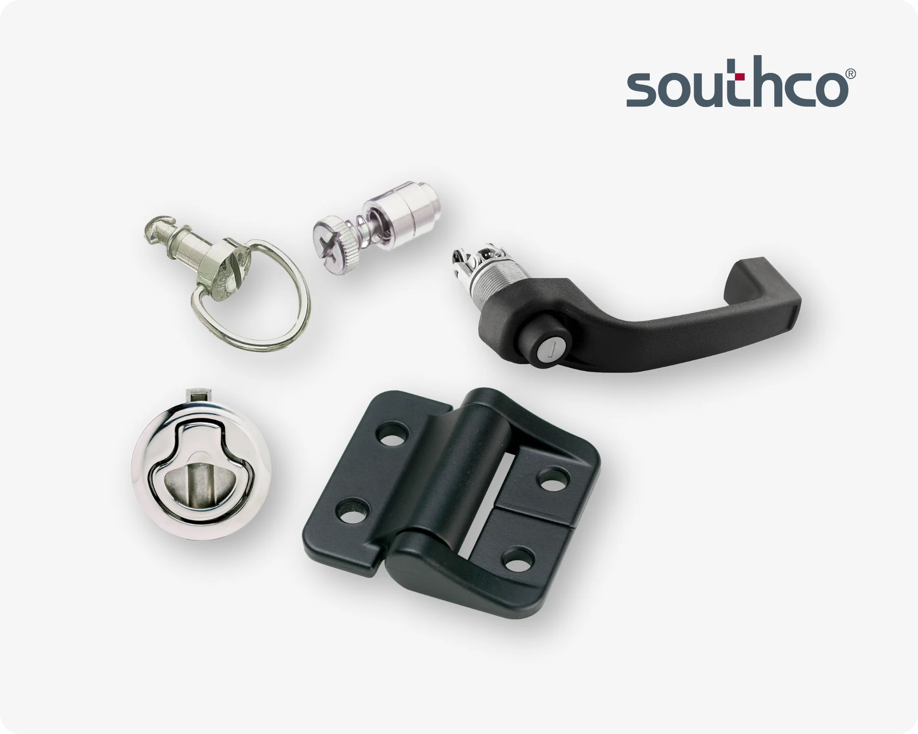 各種Southco存取解決方案，包括DZUS四分之一轉緊固件、把手、金屬固定螺絲和塑料鉸鏈。