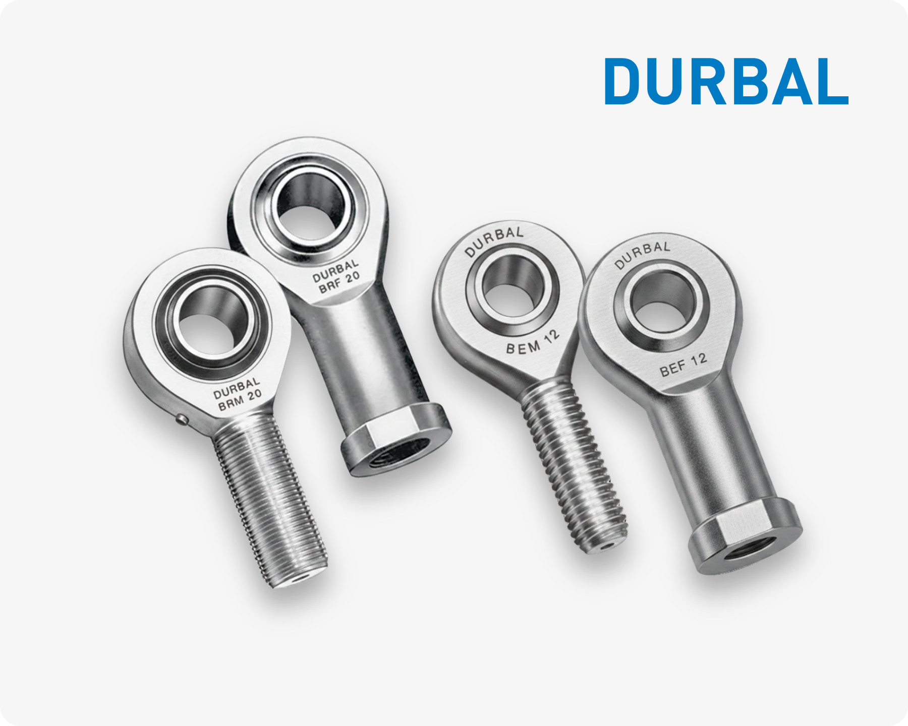 Four different types of Durbal rod ends on light grey background
