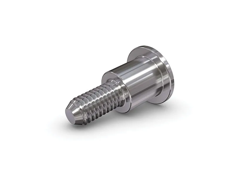Close-up of a stainless steel shoulder screw on white background