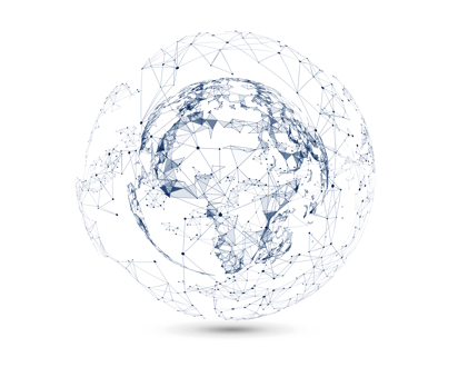 Abstrakte Darstellung einer Weltkugel aus blauen, vernetzten Punkten und Linien, symbolisiert globale Vernetzung.