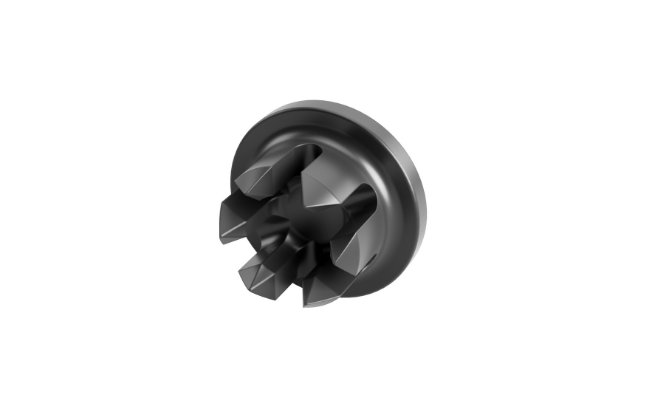 Ein schwarzer MM-Welding LiteWWeight® Lotus Verbindungselement für Ultraschallschweißen auf weißem Hintergrund