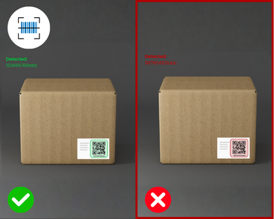 Confronto di due scatole di cartone con etichette con codice QR: scatola sinistra contrassegnata come corretta con segno di spunta verde, scatola destra contrassegnata come errata con X rossa.