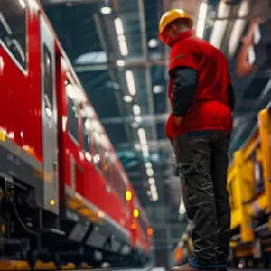 Arbeiter in roter Uniform neben einem Zug in einer Wartungshalle