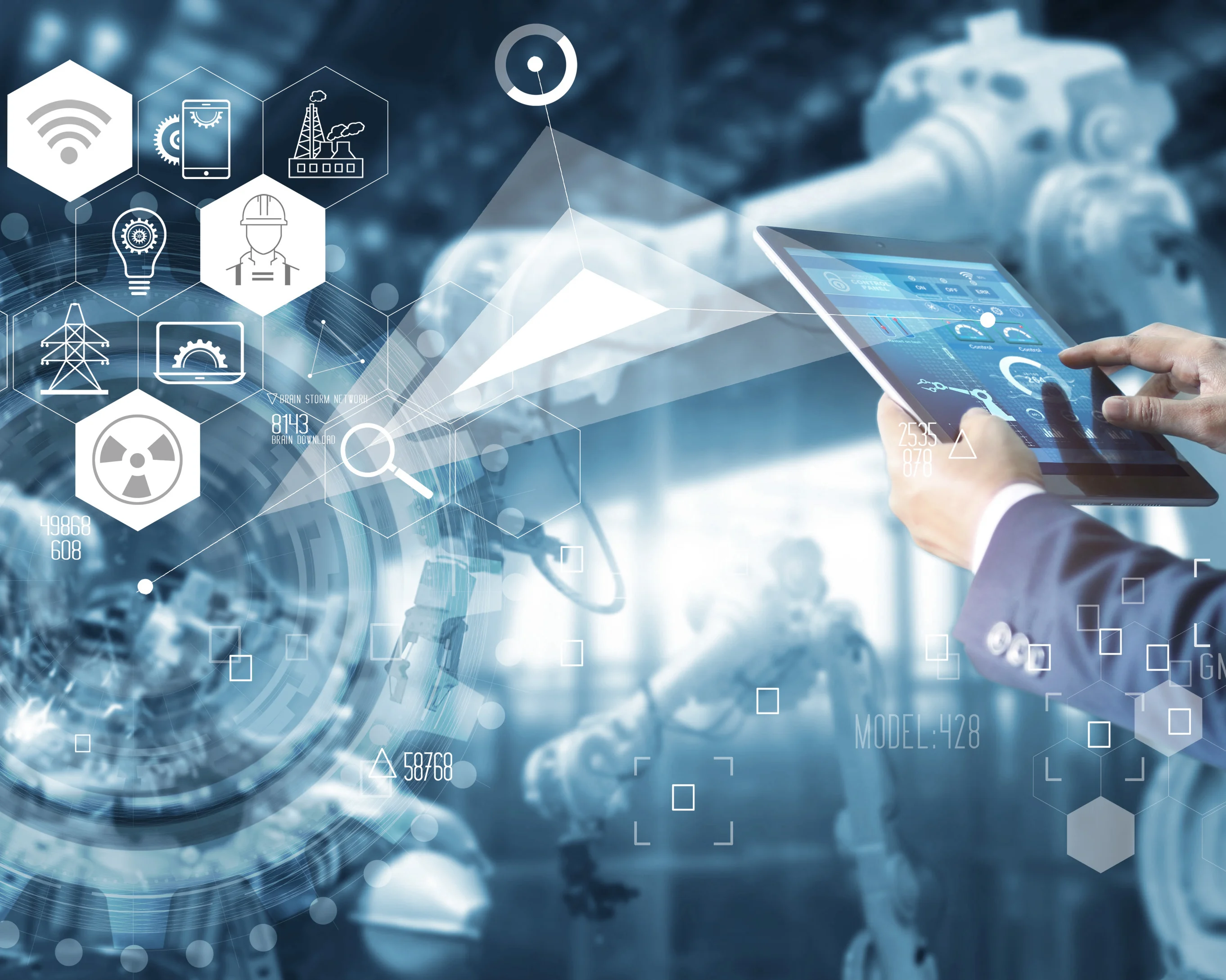 A person in a suit holds a tablet displaying technical diagrams, while an industrial environment with robotics is blurred in the background. Digital icons representing industrial facilities, energy, automation, and data analytics are overlaid on the image.