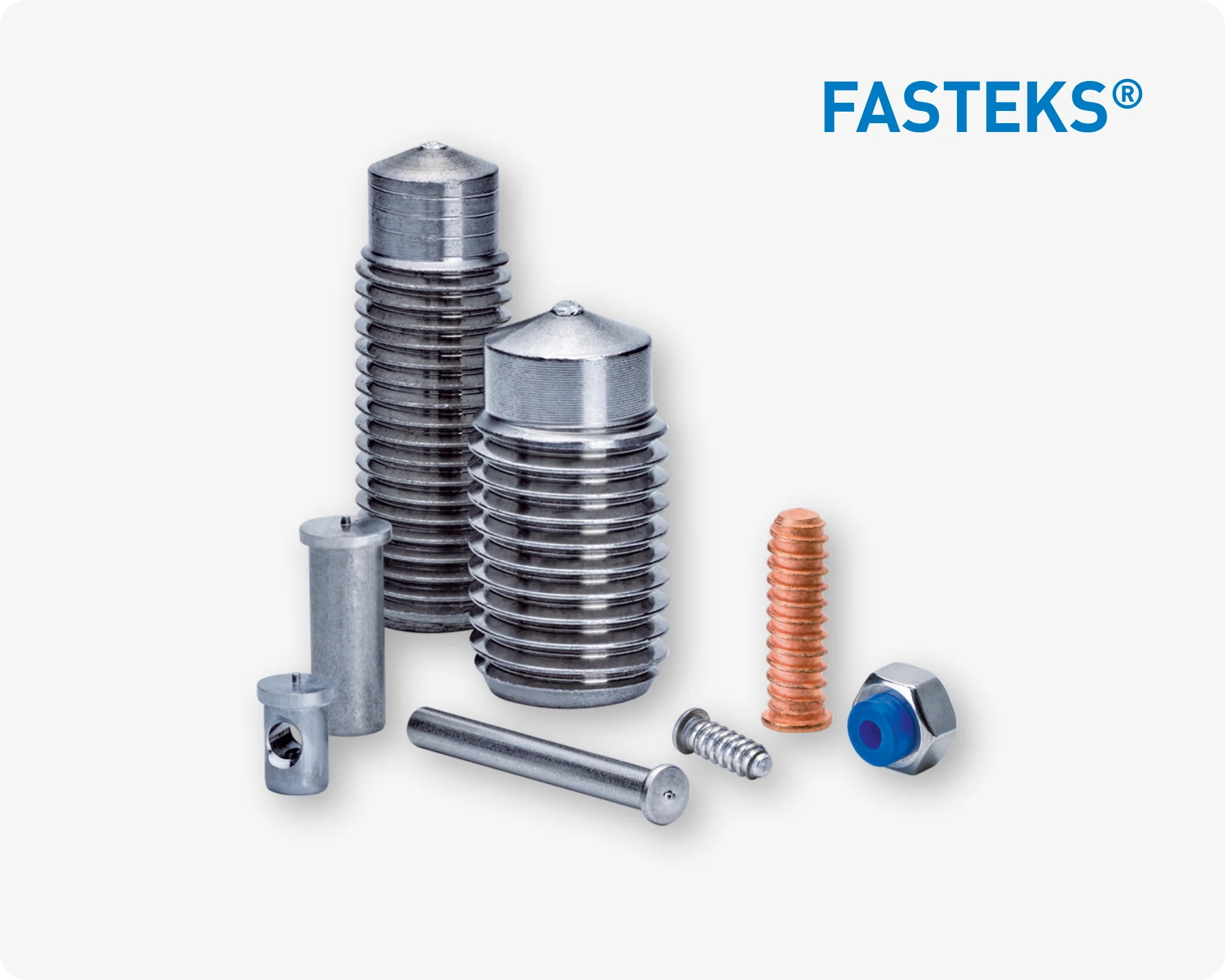 An ensemble of different FASTEKS Welko welding studs, welding pins and threaded studs on light grey background.