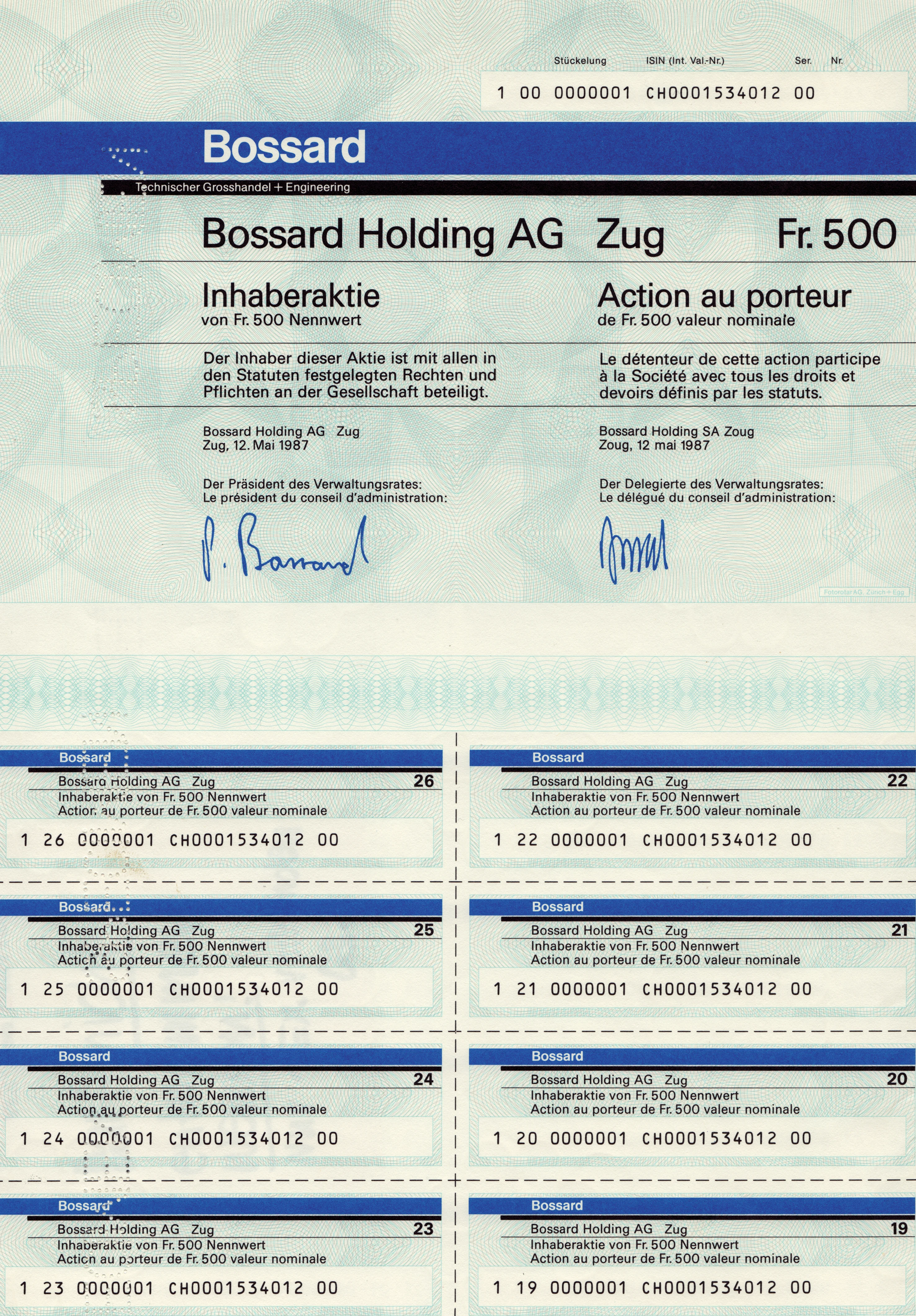 Foto af en Bossard AG Zug ihændehaveraktie til en værdi af CHF 500 fra 1987.