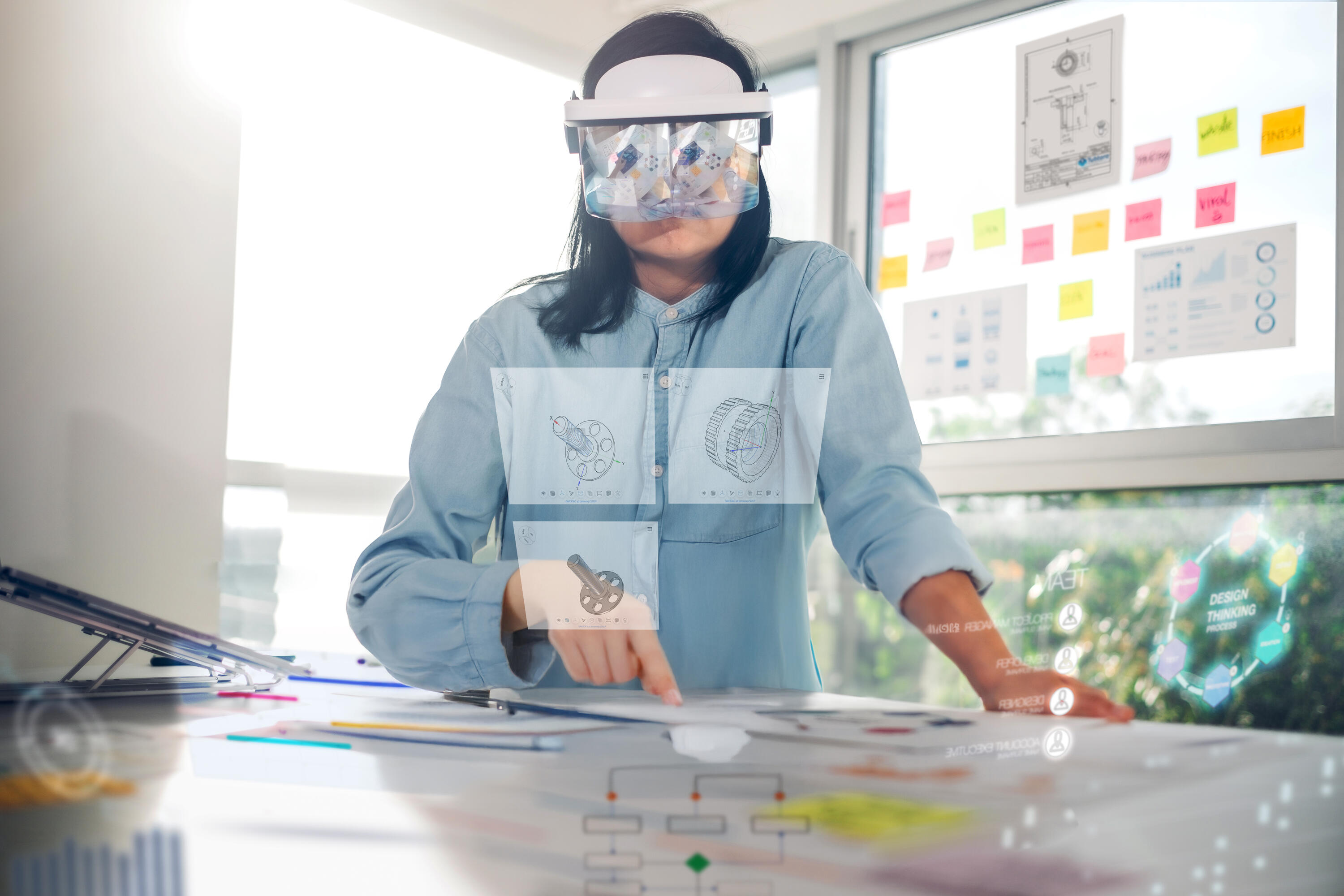 Designer che esplora diverse tecnologie di collegamento utilizzando occhiali per realtà aumentata.