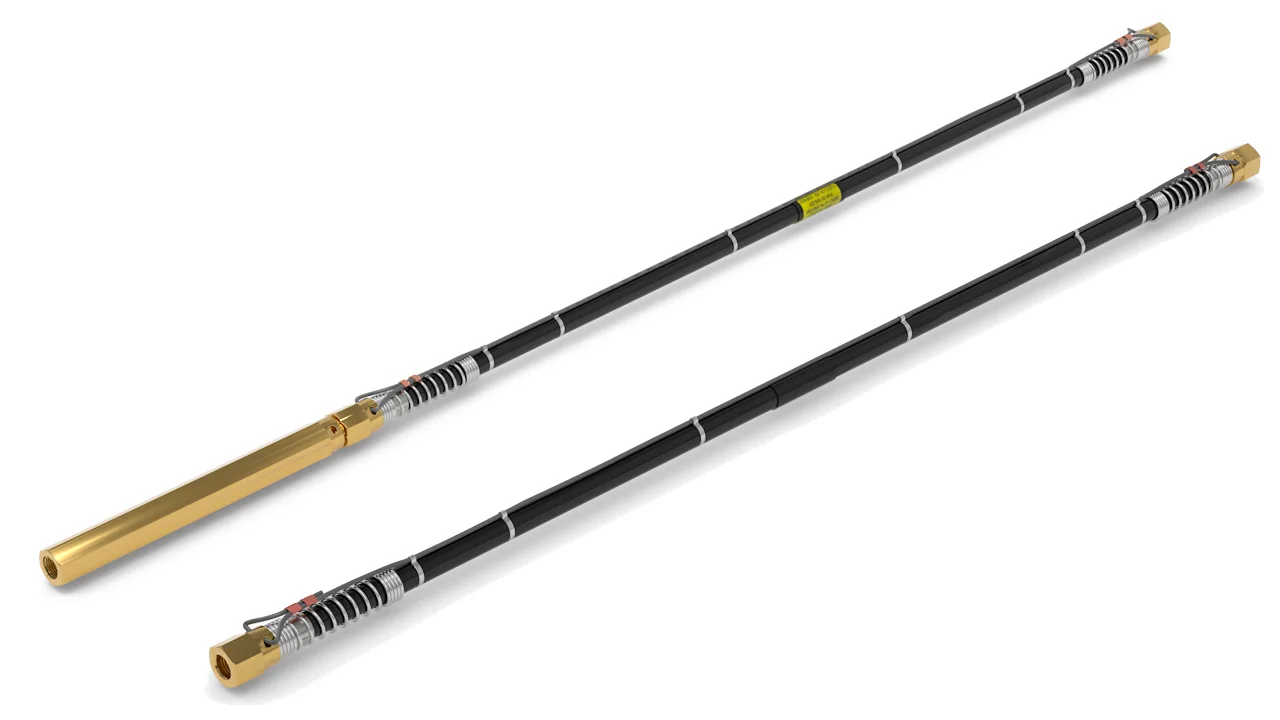 Zwei schwarze WEH Hochdruckschläuche mit Messinganschlüssen und Edelstahlfedern auf weißem Hintergrund.