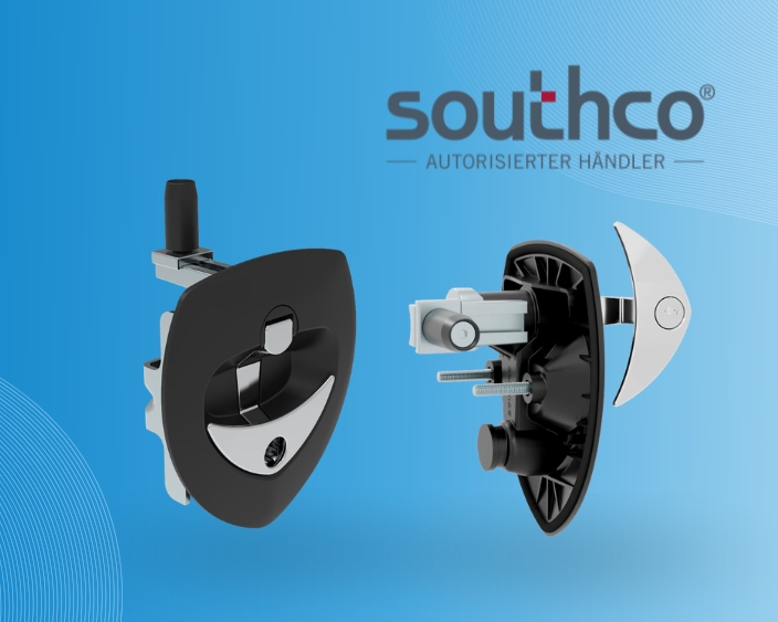 Zwei schwarze, abgerundete Verriegelungsgriffe mit silbernen Bedienelementen vor blauem Hintergrund, einer von vorne, einer als geöffnete Seitenansicht mit sichtbarer Mechanik; oben rechts das Southco‑Logo mit Schrift „Autorisierter Händler“.