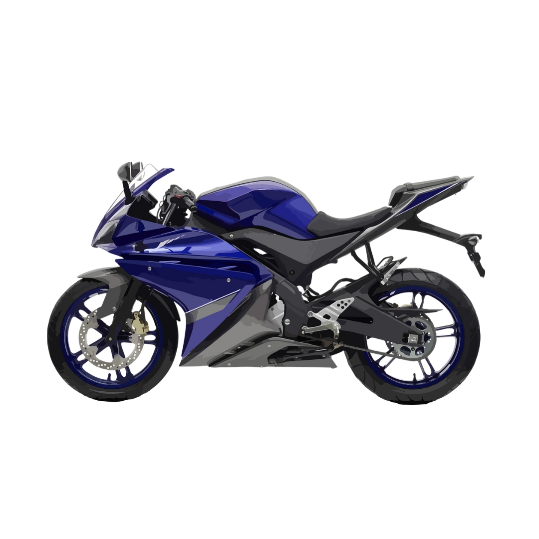 Niebieski sportowy motocykl o eleganckim designie, widok z boku na białym tle.