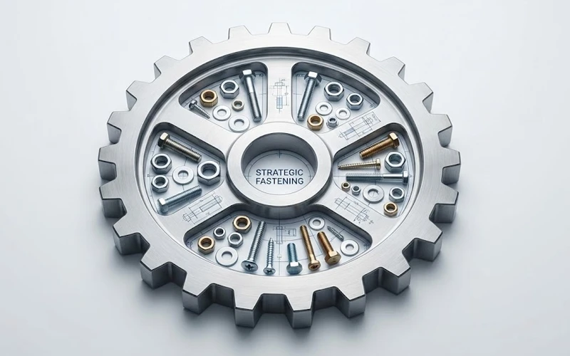 metal gear with fasteners and strategic fastening label