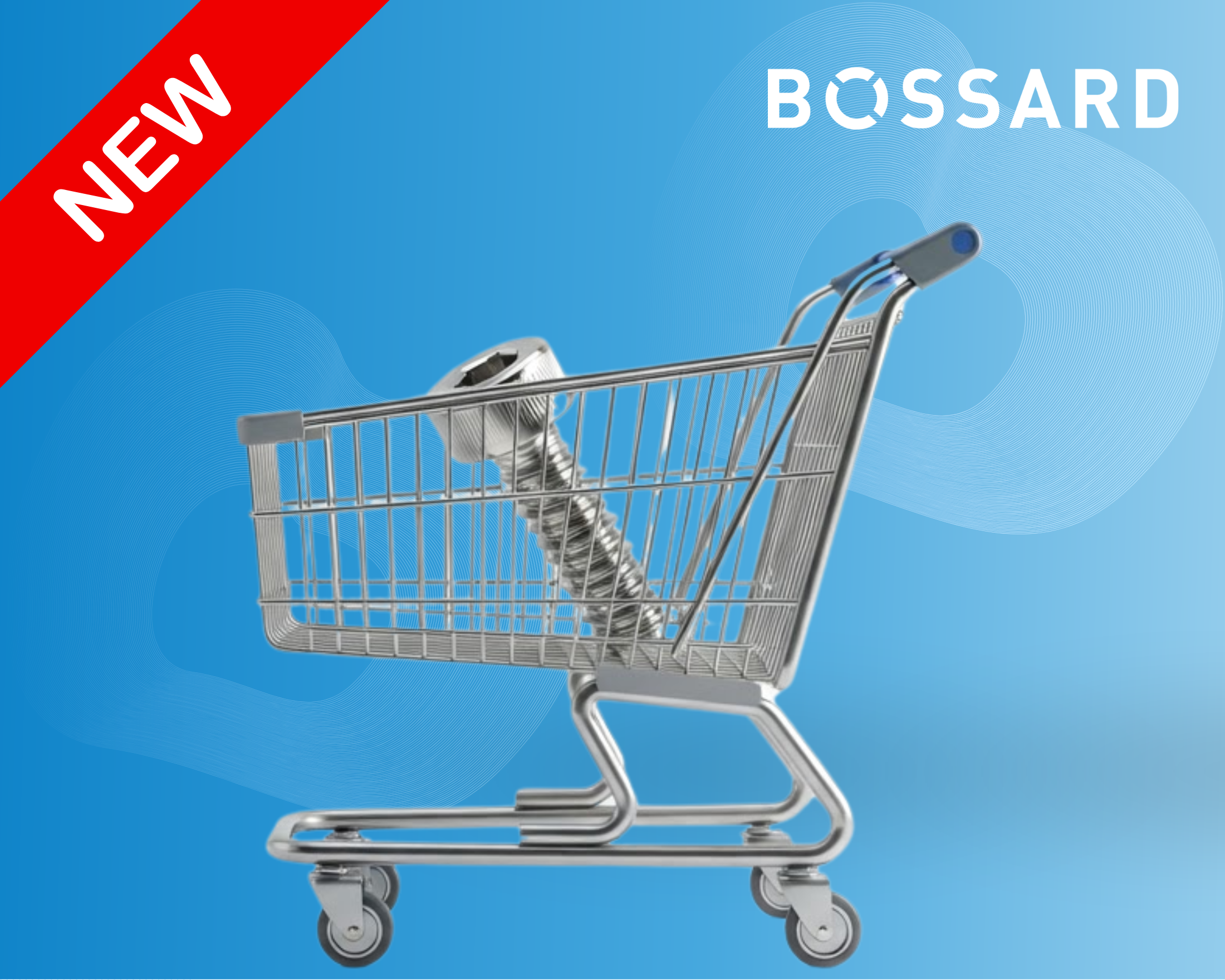 Metallener Einkaufswagen mit einer übergroßen Schraube auf blauem Hintergrund mit Bossard Logo und rotem „NEW“-Banner.