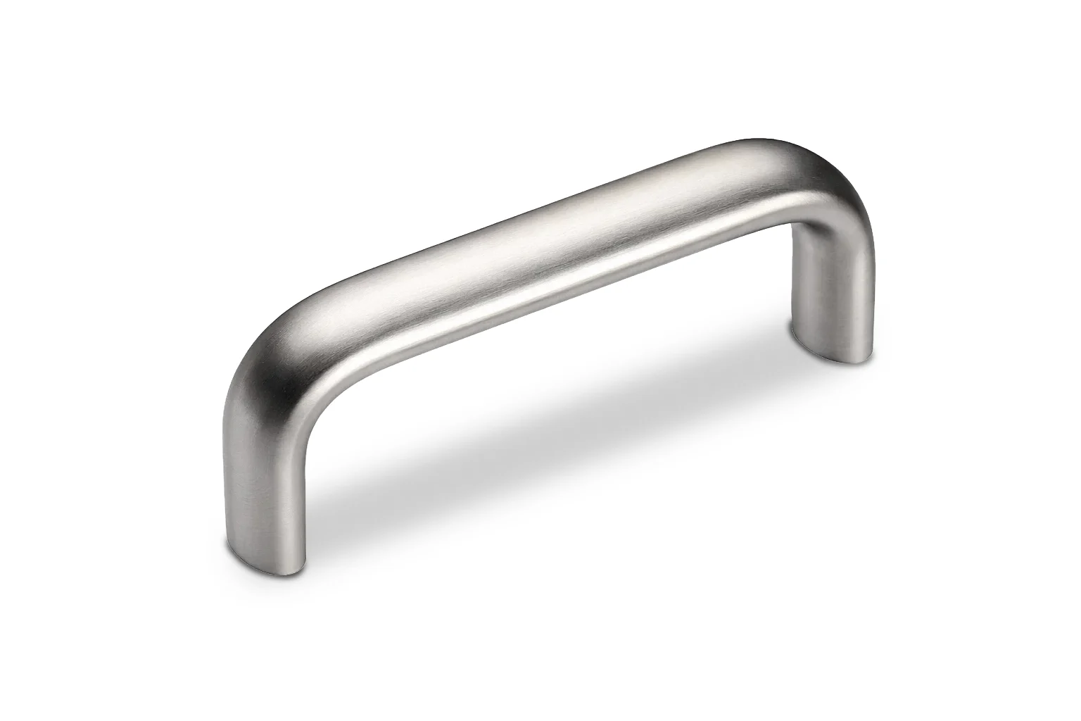 Brushed stainless steel pull handle with curved design on white background.