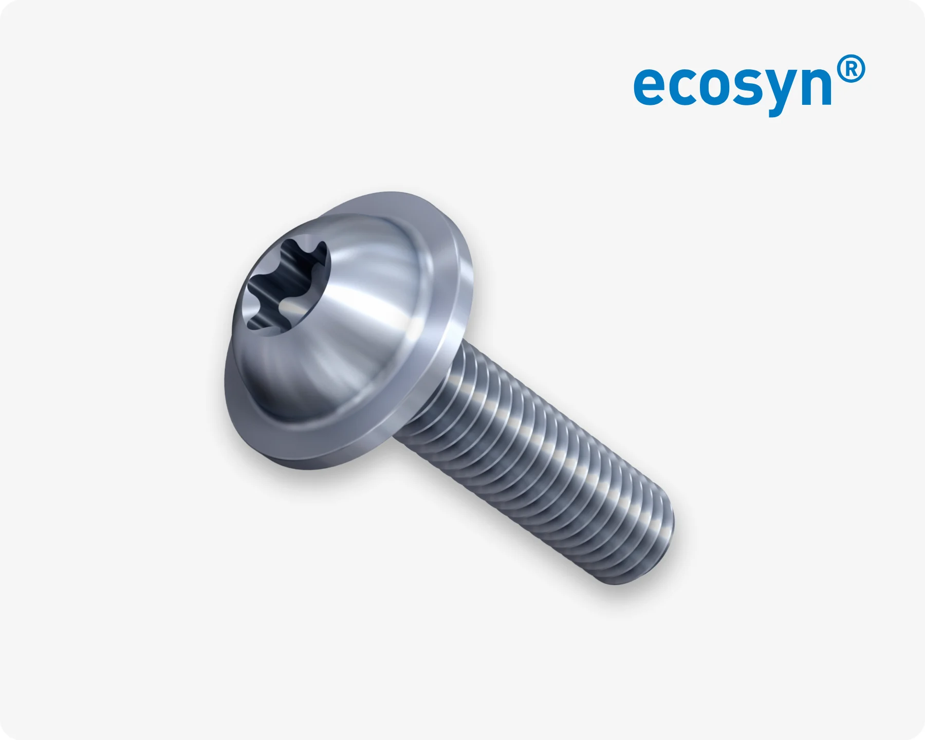 A silver ecosyn fix screw with integrated spring washer on light grey background with the ecosyn logo in the top right corner.