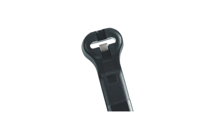 Close-up of a black ABB Ty-Rap cable tie with metal reinforcement on white background