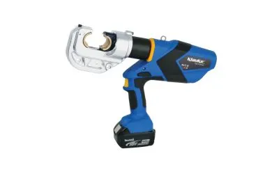 Close-up of a Klauke crimping tool on white background