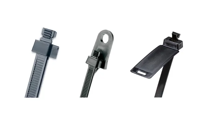 Drei schwarze Panduit Sta-Strap Kabelbinder mit unterschiedlichen Kopfdesigns auf weißem Hintergrund