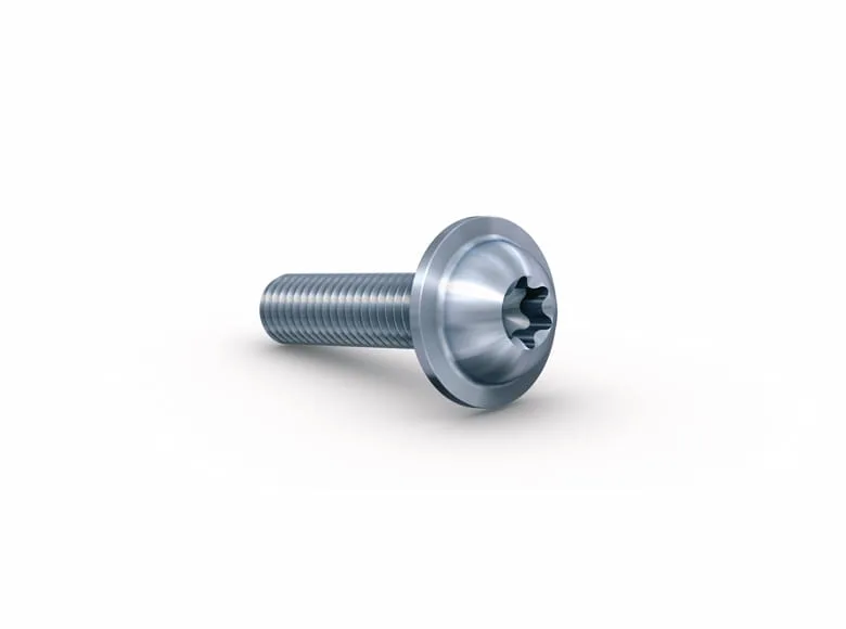 A pan head screw with flange on a white background.