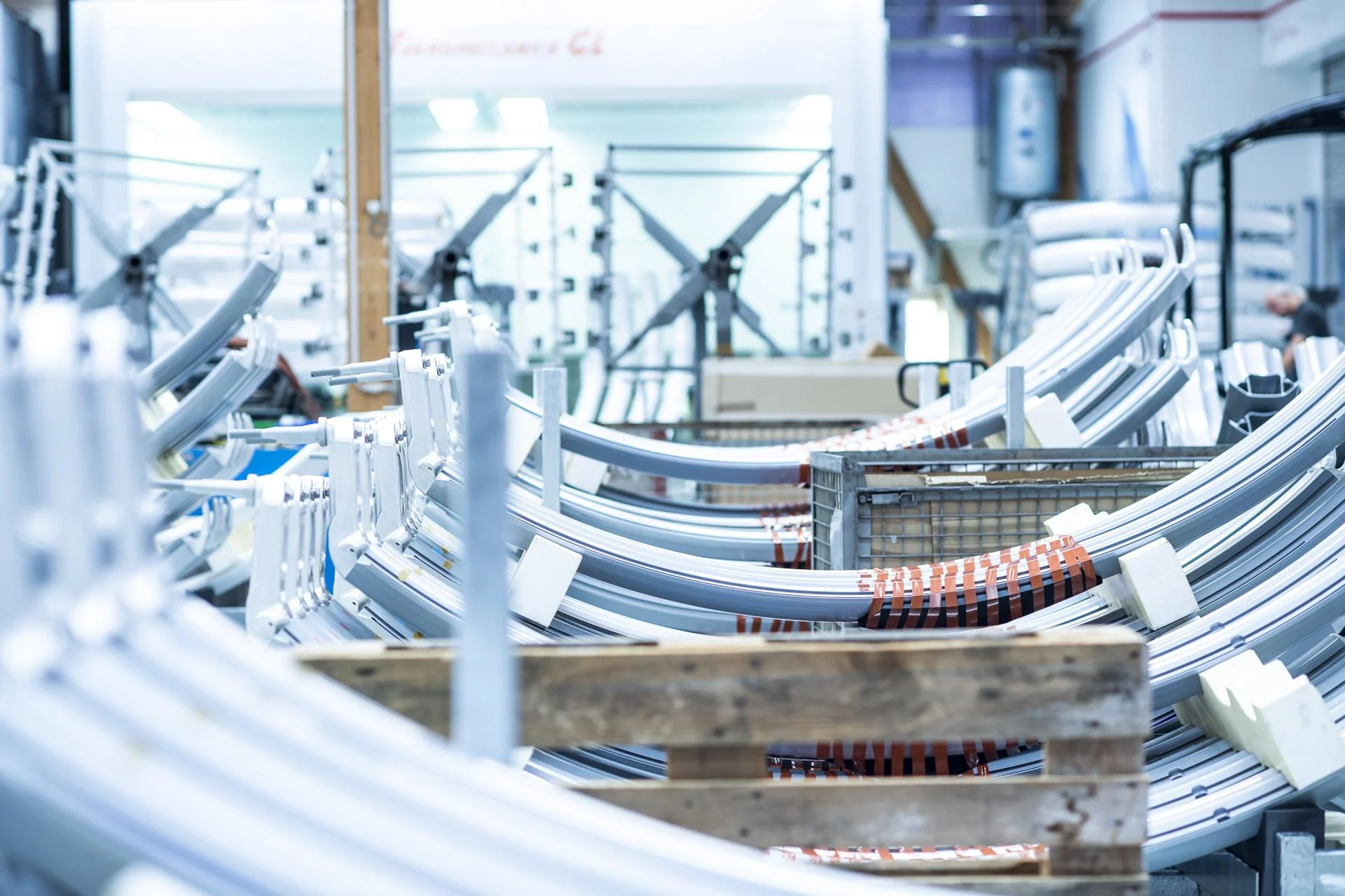 View inside the warehouse that contains semi-finished products, including various components of a cable car cabin.