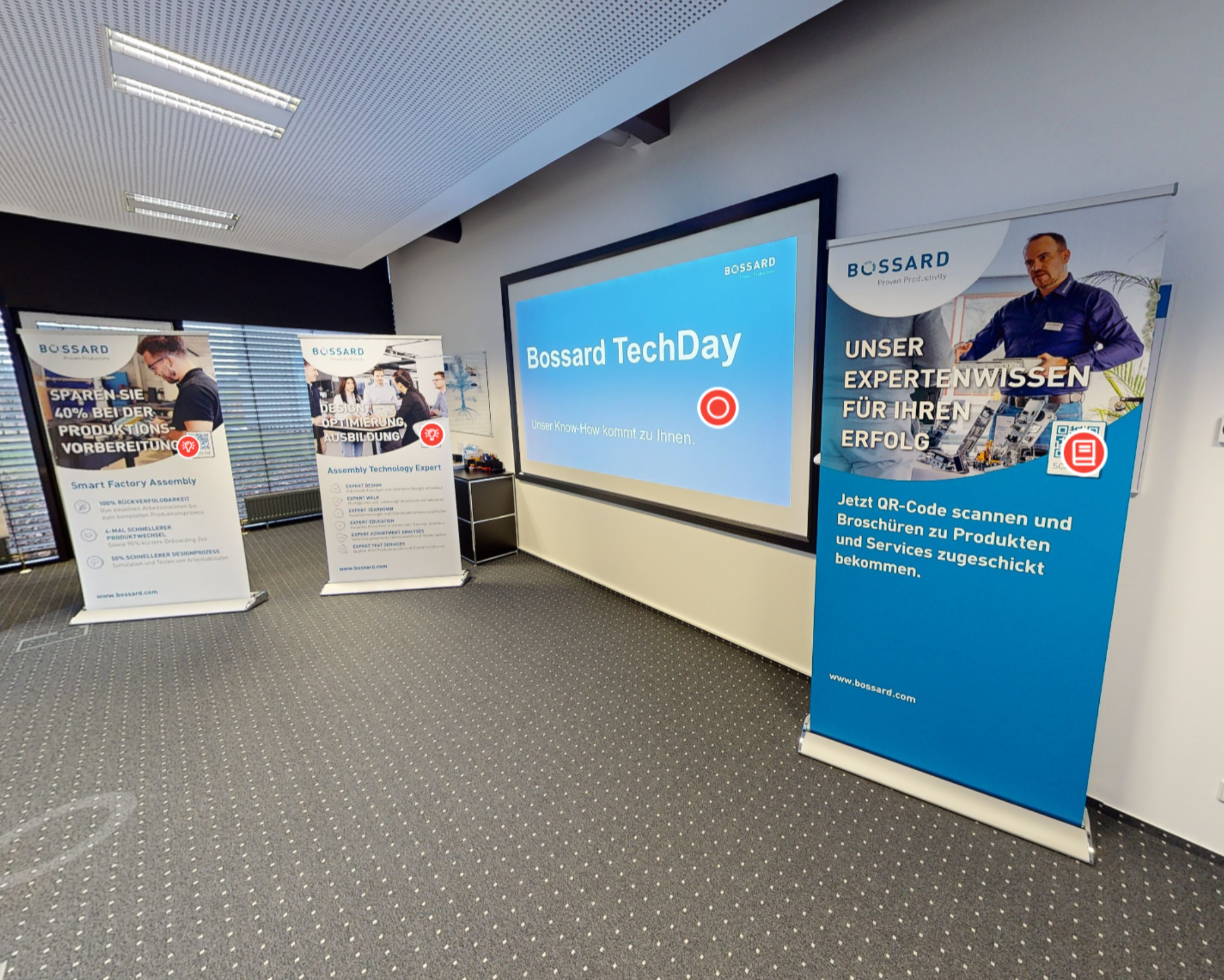Virtueller Blick in den Bossard TechDay Showroom mit 16 Exponatstationen zu Verbindungstechnik, Automation, Smart Factory Lösungen und mehr