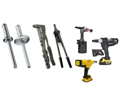 Verschiedene POP® VGrip® Blindnieten mit passenden Setzwerkzeugen.