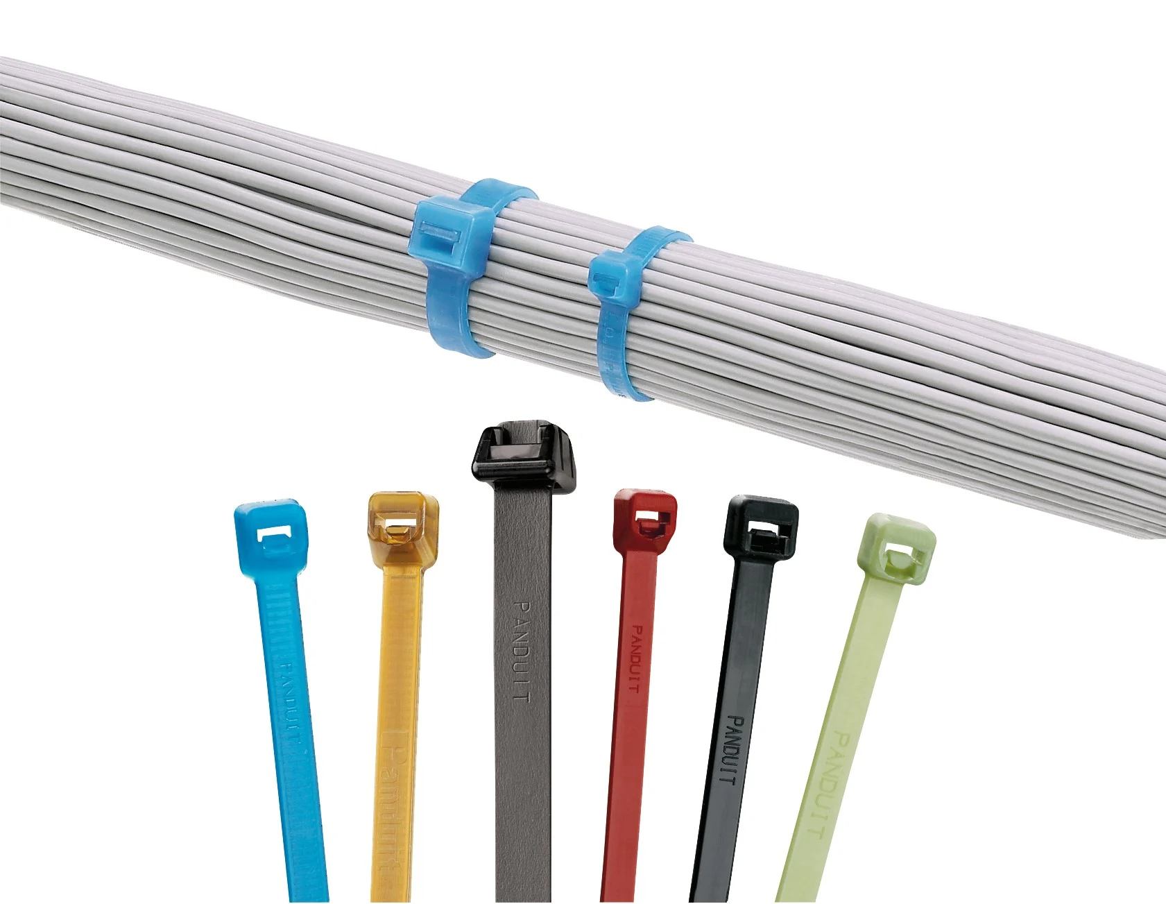 Panduit Pan-Ty cable ties of different colors on white background, including a cable assembly