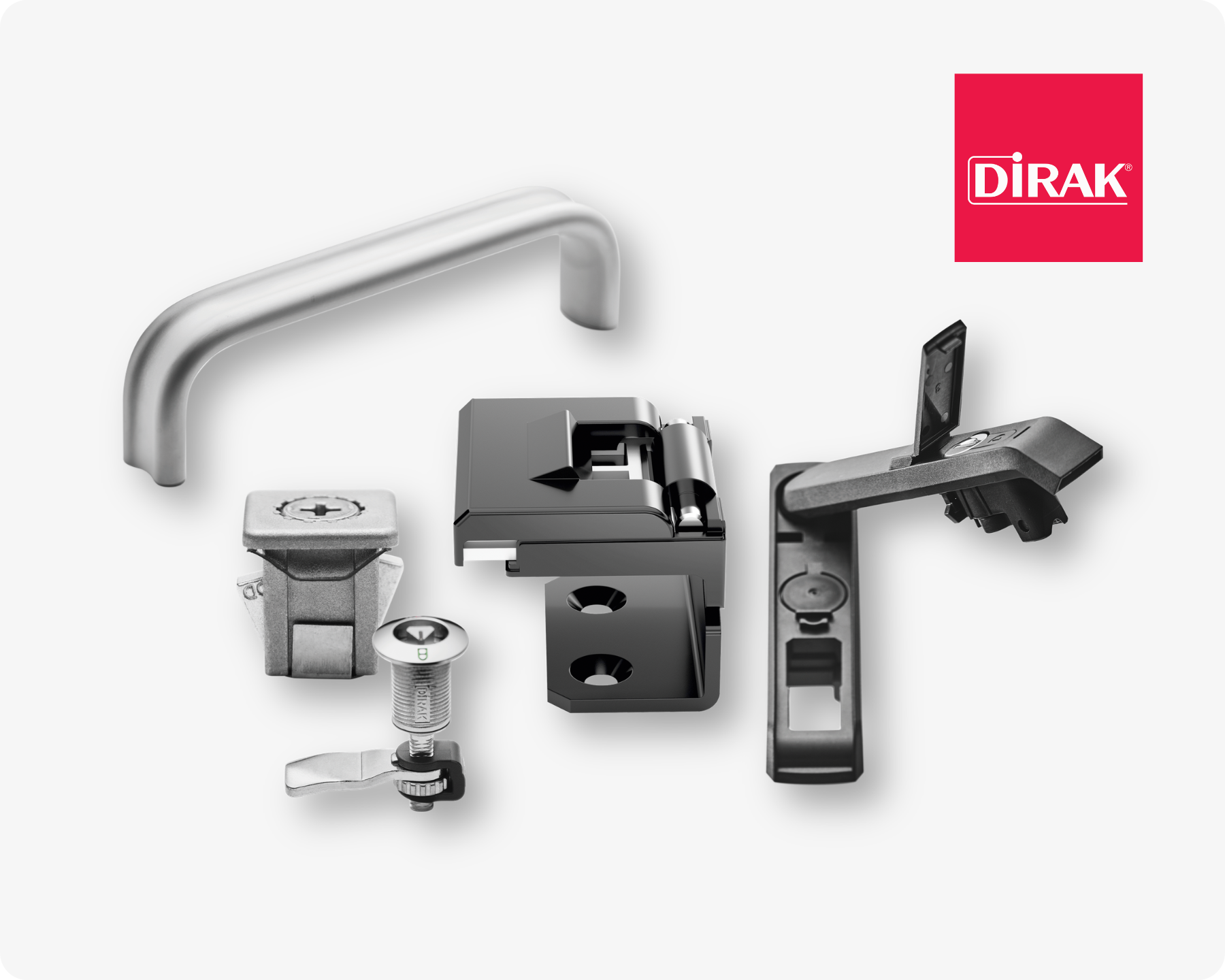 Các giải pháp truy cập thương hiệu Dirak khác nhau, bao gồm tay cầm, khóa xoay một phần tư và bản lề, trên nền xám nhạt với logo Dirak ở góc trên bên phải.