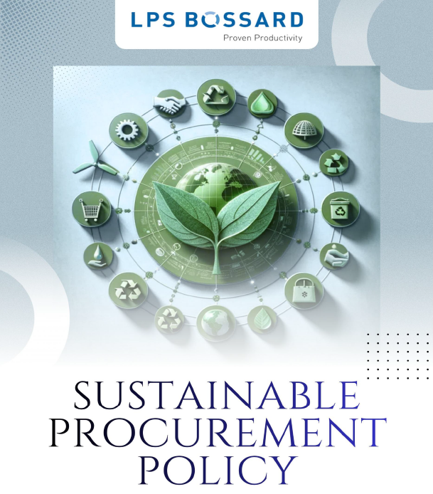Green globe with leaves, surrounded by eco-icons, under "LPS Bossard" logo. Text reads "Sustainable Procurement Policy."