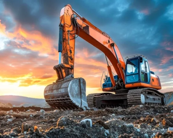 Ein orangefarbener Bagger steht auf einem Feld vor dem Sonnenuntergang.