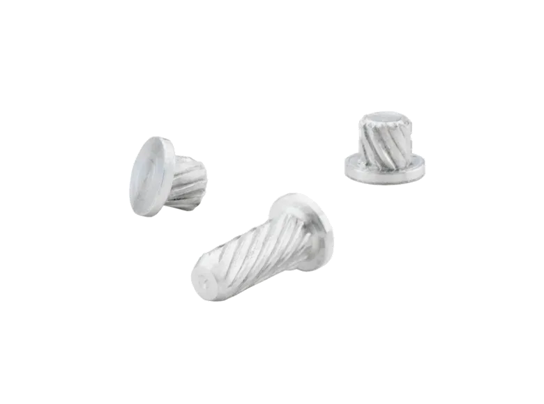 Three versions of a white EE-Micro-press-studs on a white background.