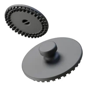 Two plastic multi-material welding fasteners on a white background