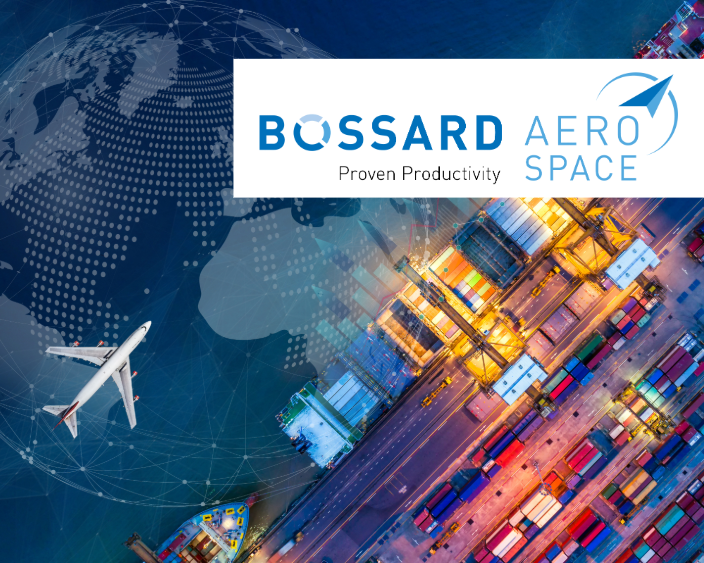 Bussard Aerospace Logo mit Slogan Proven Productivity über geteiltem Bild eines digitalen Globus mit Flugzeug und Luftaufnahme von Schiffscontainern