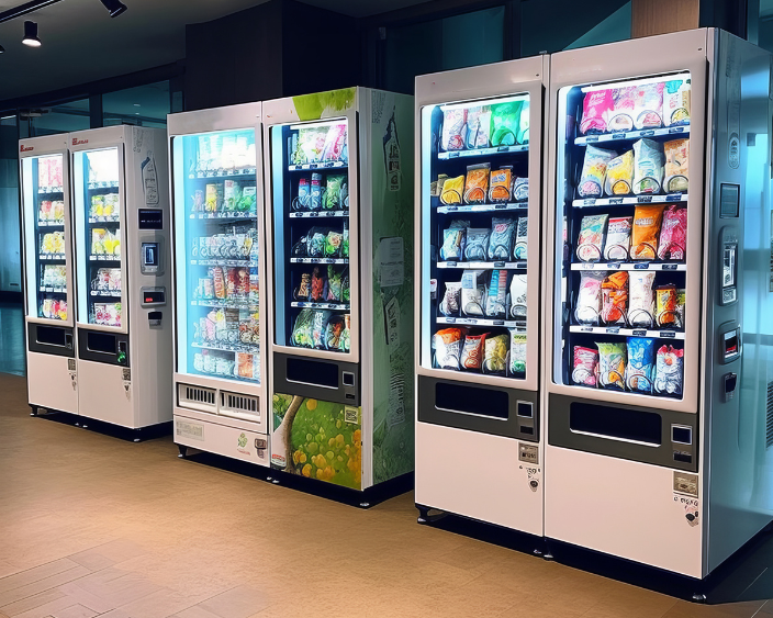 Mehrere moderne Snackautomaten in einer Halle.