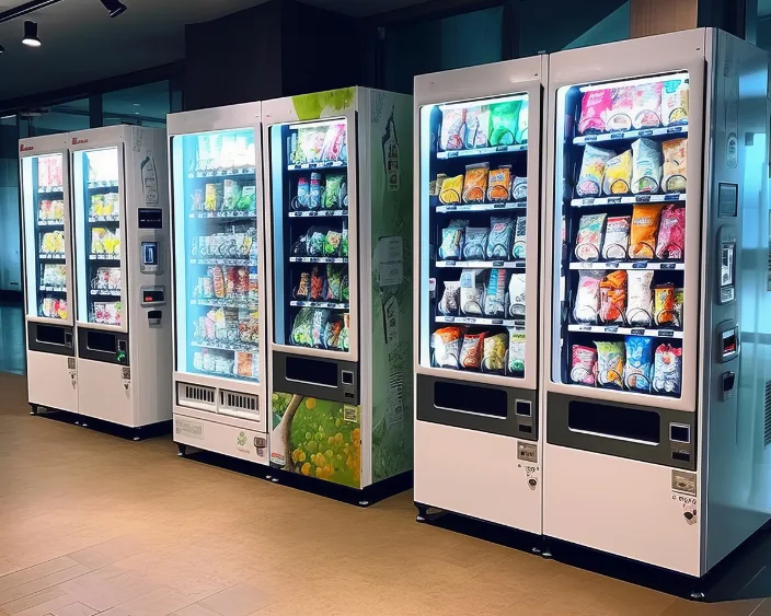Mehrere moderne Snackautomaten in einer Halle.