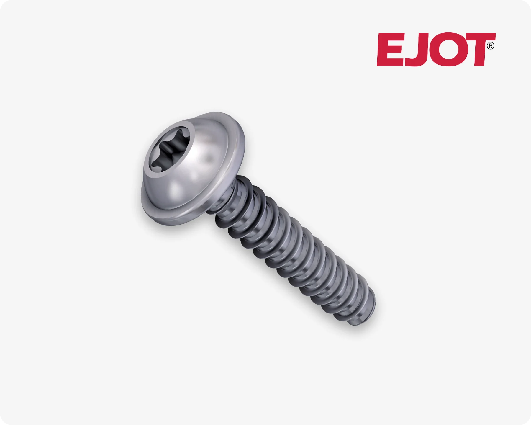 Close-up of a self-tapping EJOT Delta PT screw for thermoplastics on light grey background.