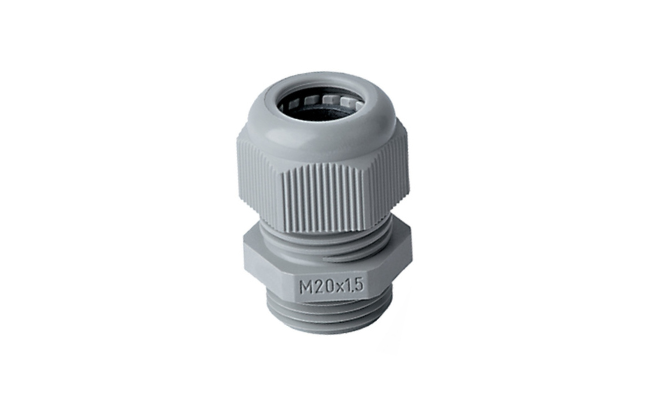A close-up of a Jacob PERFECT plastic cable gland for providing strain relief in cable connections.