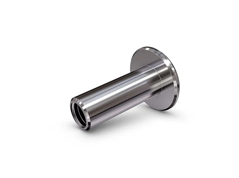 A stainless steel formed part (sleeve nut) on white background