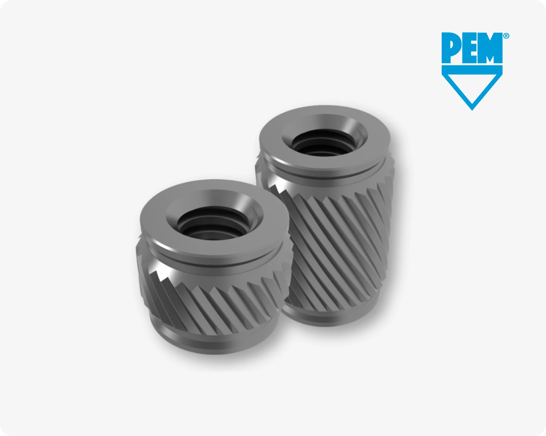 Two different sized PEM CastSert press-in threaded inserts on light grey background with the blue PEM logo in the top right corner.